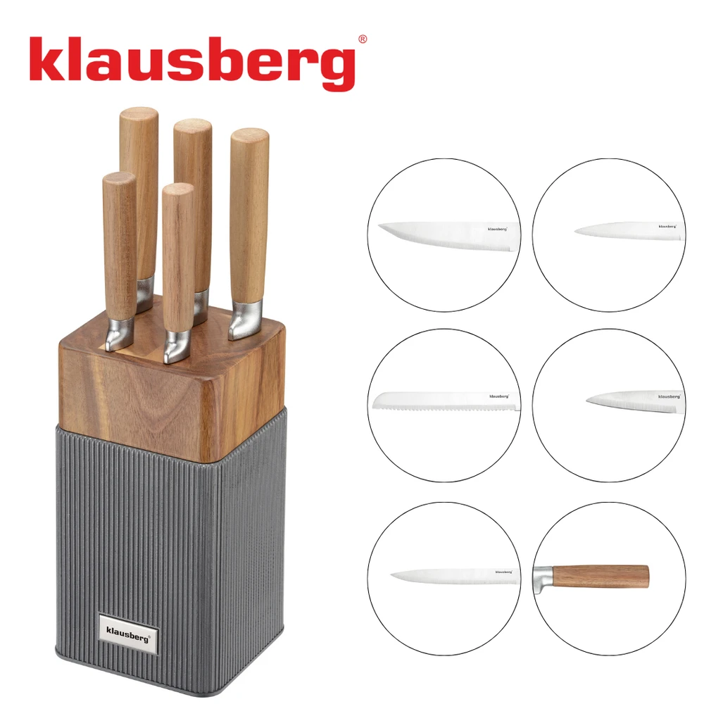 Rinkinys 6 dalių peilių rinkinys su akacijos blokeliu, nerūdijančio plieno, Klausberg, kb-7983