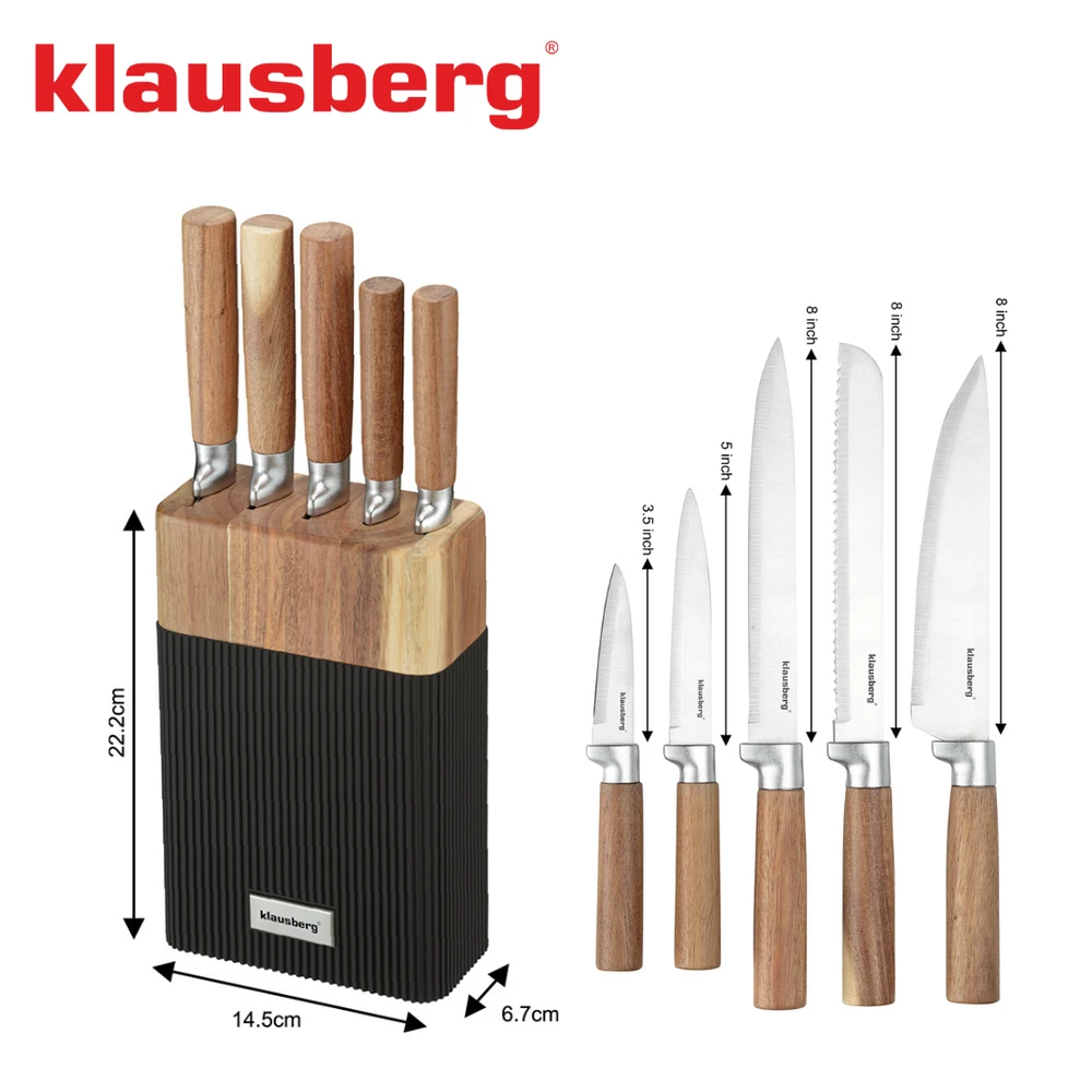 Rinkinys 6 dalių peilių rinkinys su akacijos blokeliu, nerūdijančio plieno, Klausberg, kb-7981