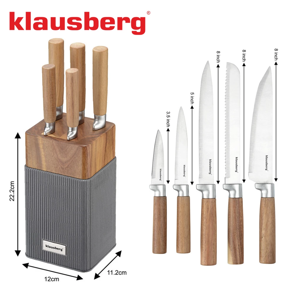 Rinkinys 6 dalių peilių rinkinys su akacijos blokeliu, nerūdijančio plieno, Klausberg, kb-7983