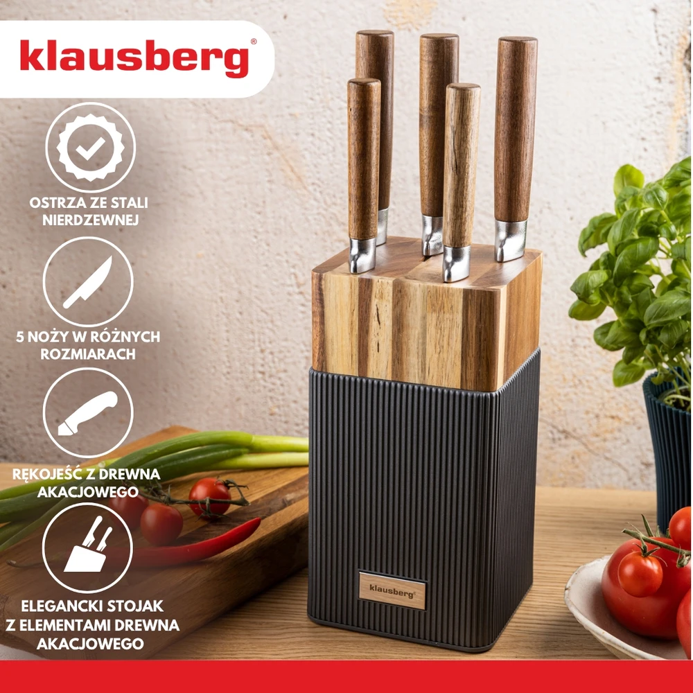 Rinkinys 6 dalių peilių rinkinys su akacijos blokeliu, nerūdijančio plieno, Klausberg, kb-7983