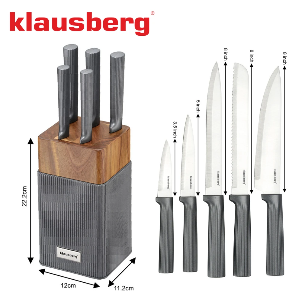 Rinkinys 6 dalių peilių rinkinys su akacijos blokeliu, nerūdijančio plieno, Klausberg, kb-7982