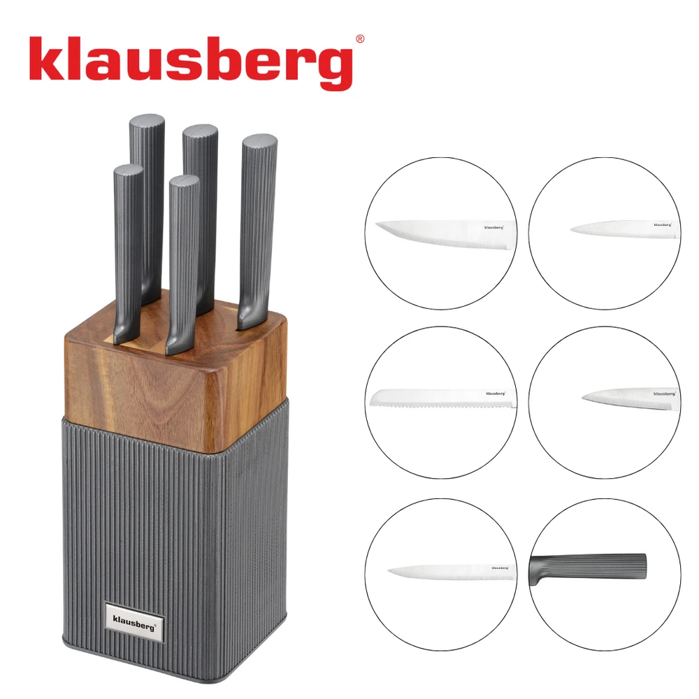 Rinkinys 6 dalių peilių rinkinys su akacijos blokeliu, nerūdijančio plieno, Klausberg, kb-7982