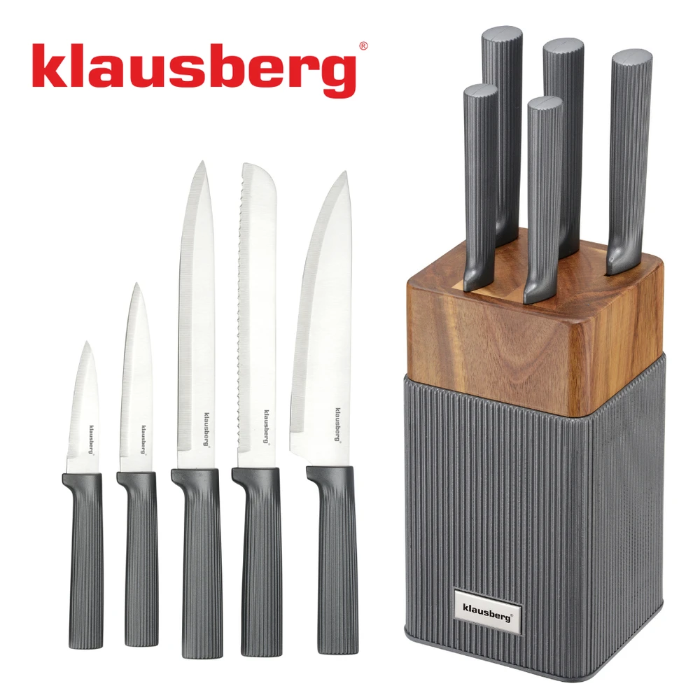 Rinkinys 6 dalių peilių rinkinys su akacijos blokeliu, nerūdijančio plieno, Klausberg, kb-7982