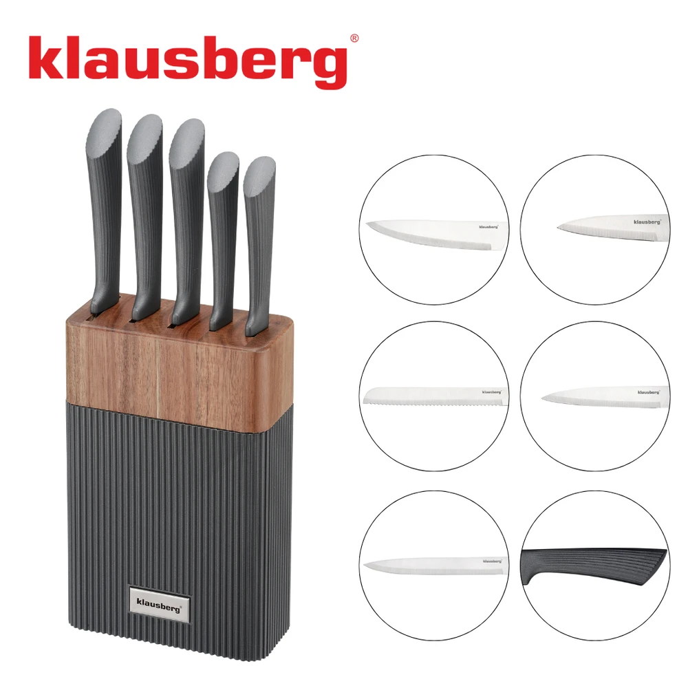 Rinkinys 6 dalių peilių rinkinys su akacijos blokeliu, nerūdijančio plieno, Klausberg, kb-7979