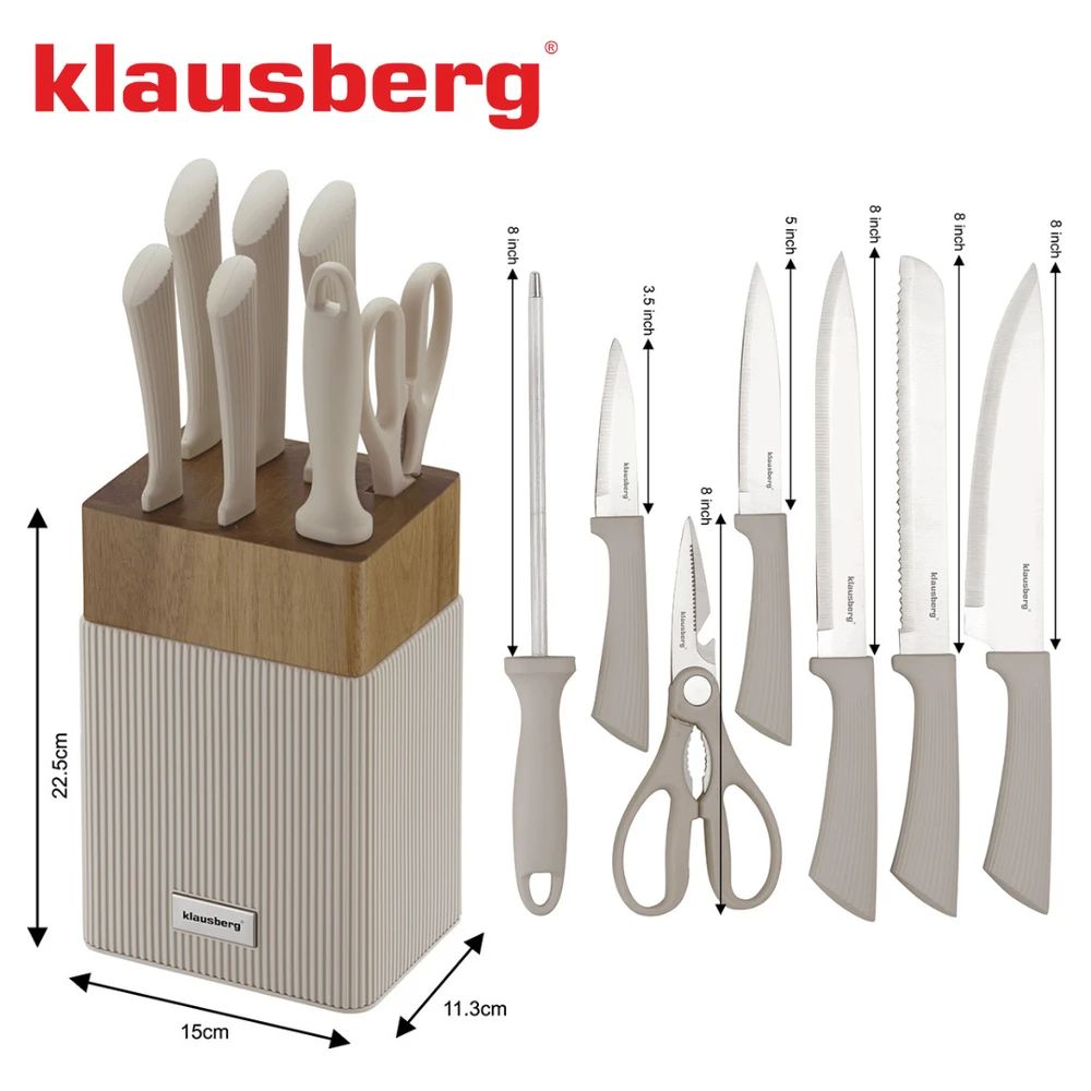 Rinkinys 8 dalių peilių rinkinys su akacijos blokeliu, nerūdijančio plieno, Klausberg, kb-7984