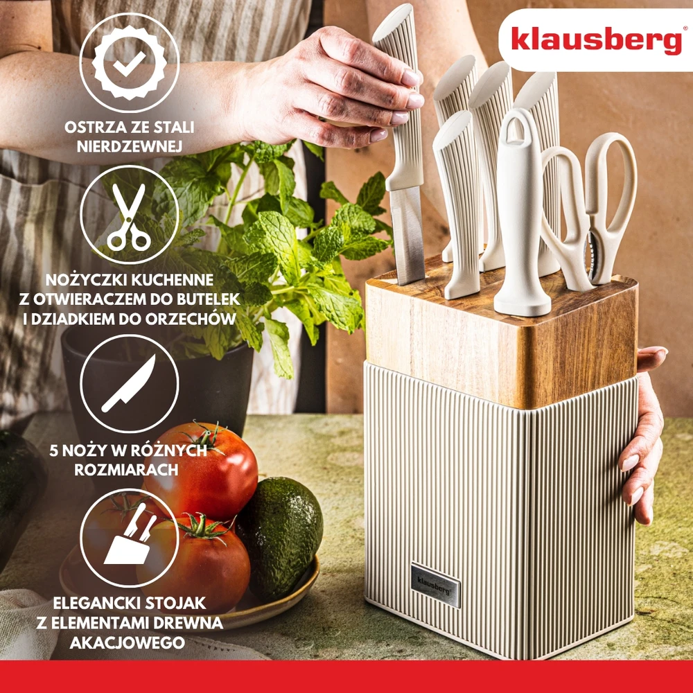 Rinkinys 8 dalių peilių rinkinys su akacijos blokeliu, nerūdijančio plieno, Klausberg, kb-7984