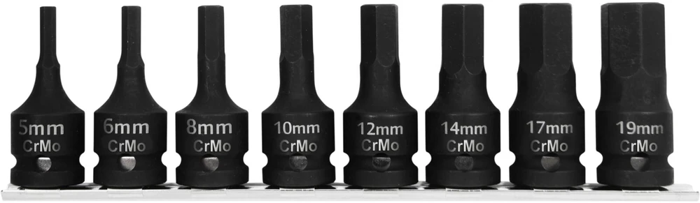 Zestaw Rinkinys 8 smūginių antgalių rinkinys, 1/2 colio šešiakampis, 5–19 mm, dėžutė, proline
