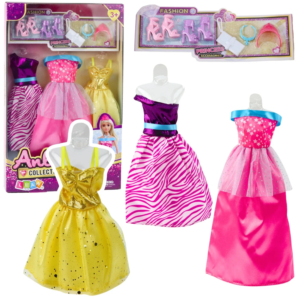 Lean Toys Lėlės aprangos rinkinys Anlily: suknelės, batai, rankinė ir karūna, 8 dalys