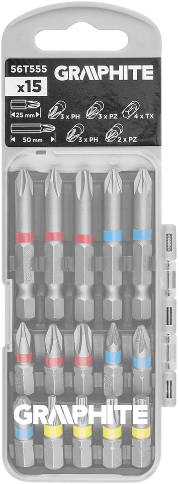 Zestaw Rinkinys Antgalių rinkinys PH2x2, PH3, PZ2x2 x 50 mm, PH1/2/3, PZ1/2/3, TX10/20/25/30 x 25 mm, 15 vnt.