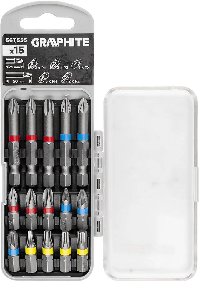 Zestaw Rinkinys Antgalių rinkinys PH2x2, PH3, PZ2x2 x 50 mm, PH1/2/3, PZ1/2/3, TX10/20/25/30 x 25 mm, 15 vnt.