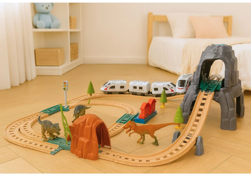 Lean Toys Elektrinis traukinys su dinozaurais, šviesomis ir garsais 76 cm