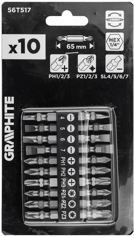 Zestaw Rinkinys Dvipusių antgalių rinkinys SL4/5/6/7, PH1/2/3, PZ1/2/3 x 65 mm, 10 vnt.