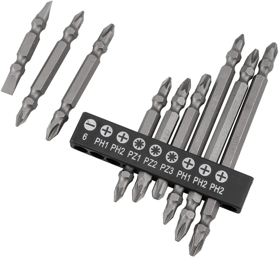 Zestaw Rinkinys Dvipusių antgalių rinkinys SL6, PH1x2, PH2x3, PZ1/2/3, su magnetiniu laikikliu 60 mm, 10 vnt.