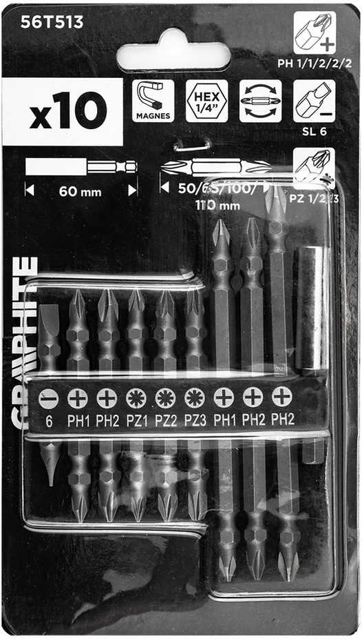 Zestaw Rinkinys Dvipusių antgalių rinkinys SL6, PH1x2, PH2x3, PZ1/2/3, su magnetiniu laikikliu 60 mm, 10 vnt.