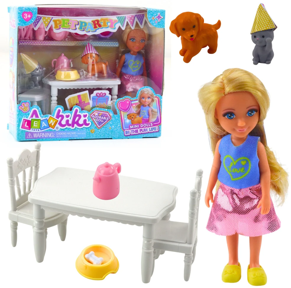 Lean Toys Lėlių ir gyvūnų gimtadienio vakarėlio rinkinys su aksesuarais