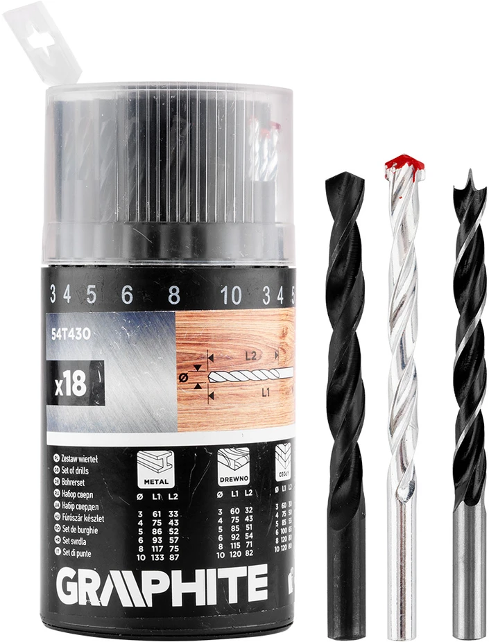 Grąžtas Zestaw Rinkinys Grąžtų rinkinys metalui, medienai, plytoms: 3, 4, 5, 6, 8, 10 mm, 18 vnt.