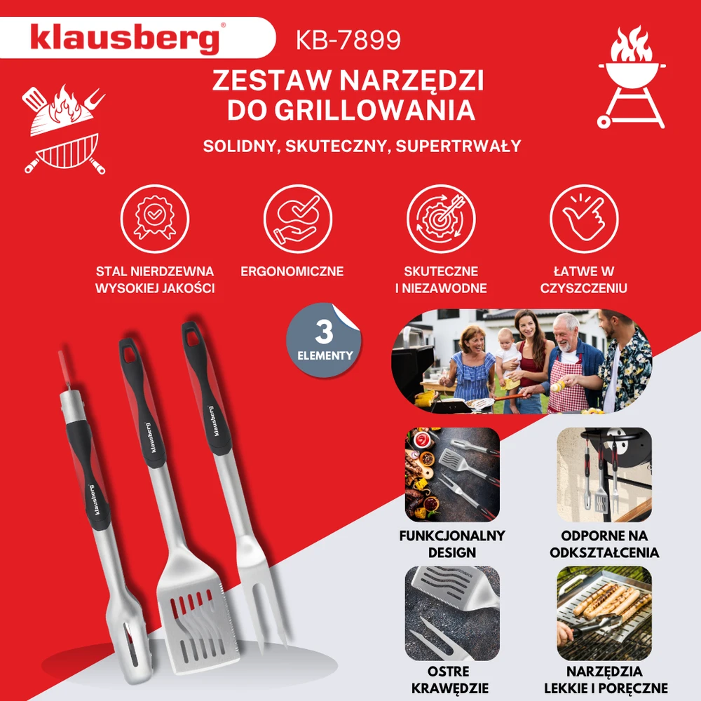 Rinkinys Grilio rinkinys, 3 dalys, nerūdijantis plienas, plastikinė rankena, Klausberg, kb-7899