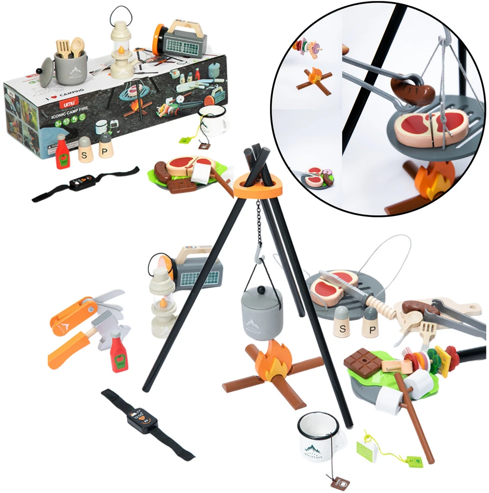 Lean Toys Medinis vaikiškas stovyklavimo rinkinys su 45 priedais