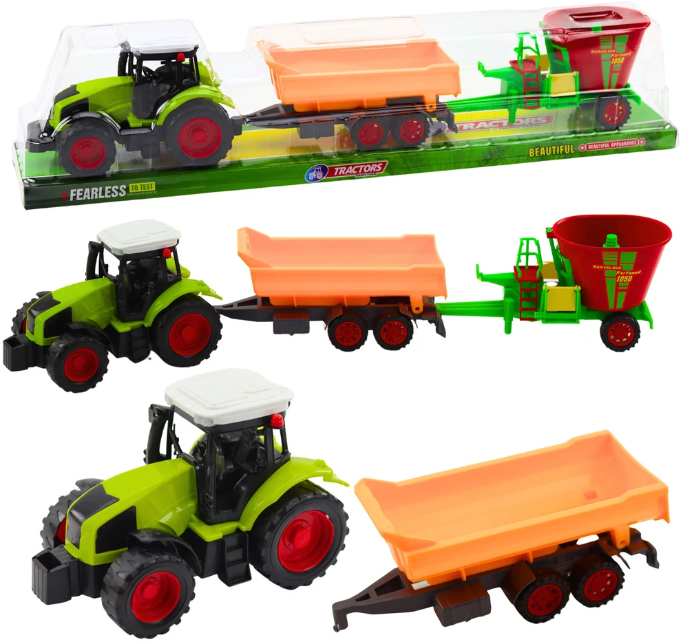 Lean Toys Traktorius su atsidarančia priekaba ir pašarų vežimu