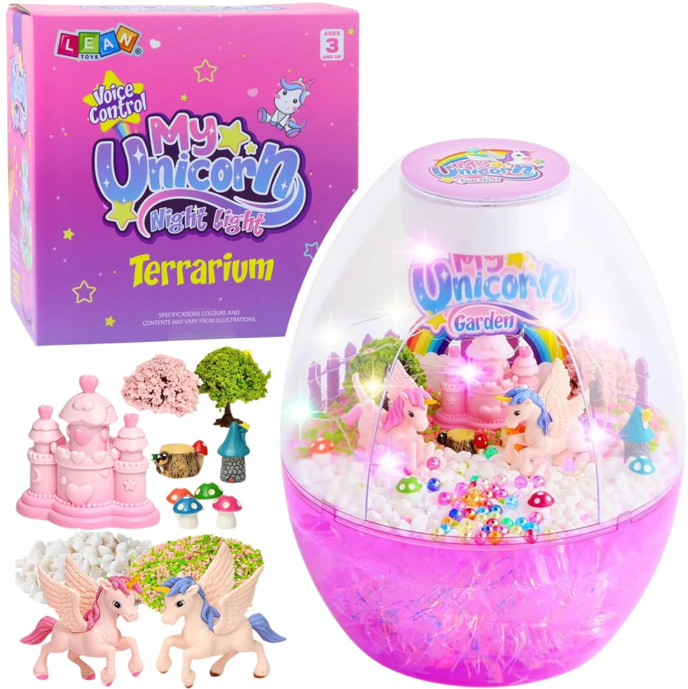 Lean Toys Vaikiška naktinė lempa - vienaragio terariumas su balsu valdymu