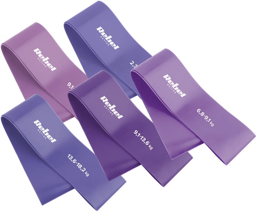 Latekso mankštos juostų rinkinys - Mini Band L, 2.3-18.2kg, 5 juostos, violetinė, REBEL ACTIVE