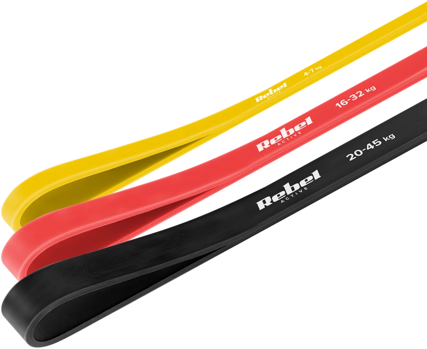 Latekso mankštos juostų rinkinys - Power Band PLs-1, 4-32 kg, 3 juostos, REBEL ACTIVE