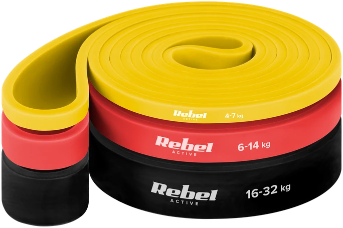 Latekso mankštos juostų rinkinys - Power Band PLs-1, 4-32 kg, 3 juostos, REBEL ACTIVE