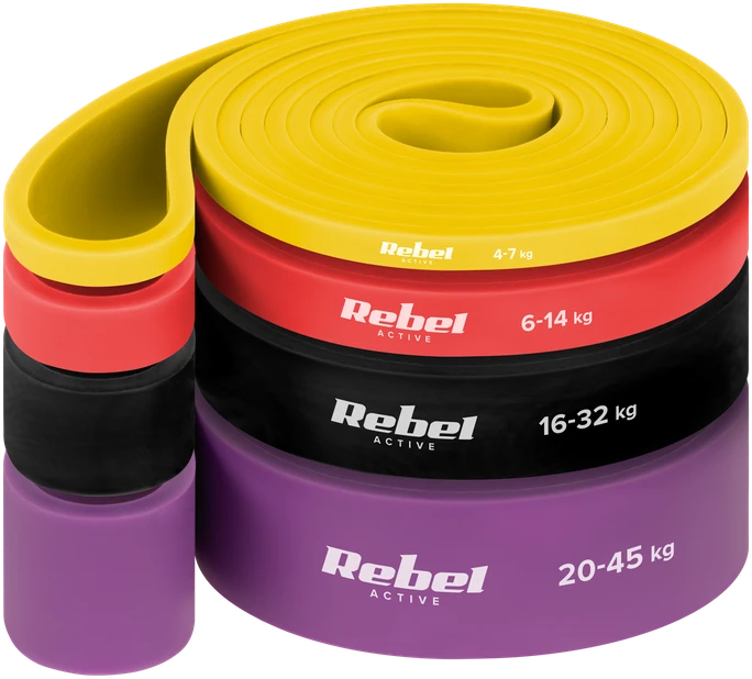 Latekso mankštos juostų rinkinys - Power Band PLs-2, 4-45 kg, 4 juostos, REBEL ACTIVE