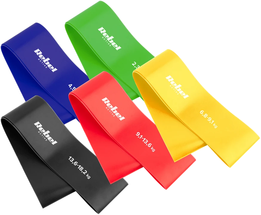 Latekso mankštos juostų rinkinys - Mini Band L, 2.3-18.2kg, 5 juostos, spalvinga, REBEL ACTIVE