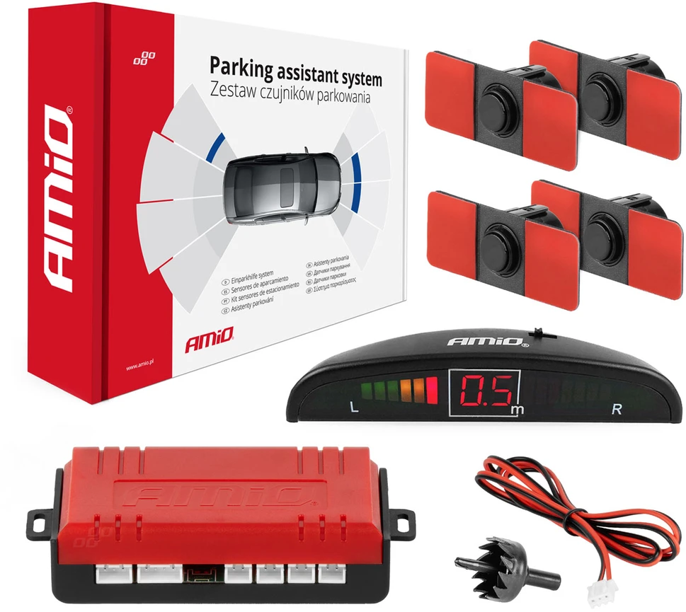 Parkavimo pagalbos sistema LED, 4 juodi jutikliai, vidinis montavimas 16,5 mm AMIO-02255