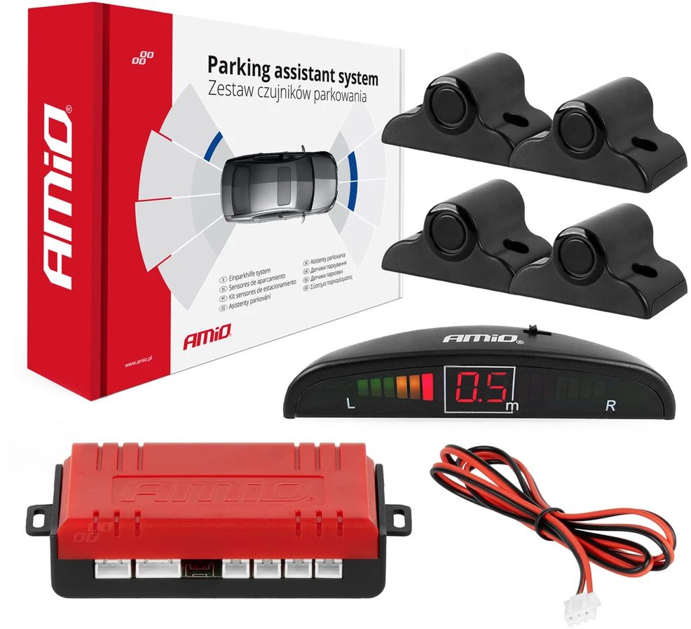 Parkavimo pagalbos sistema LED, 4 juodi jutikliai 19 mm, sunkvežimiams AMIO-02279