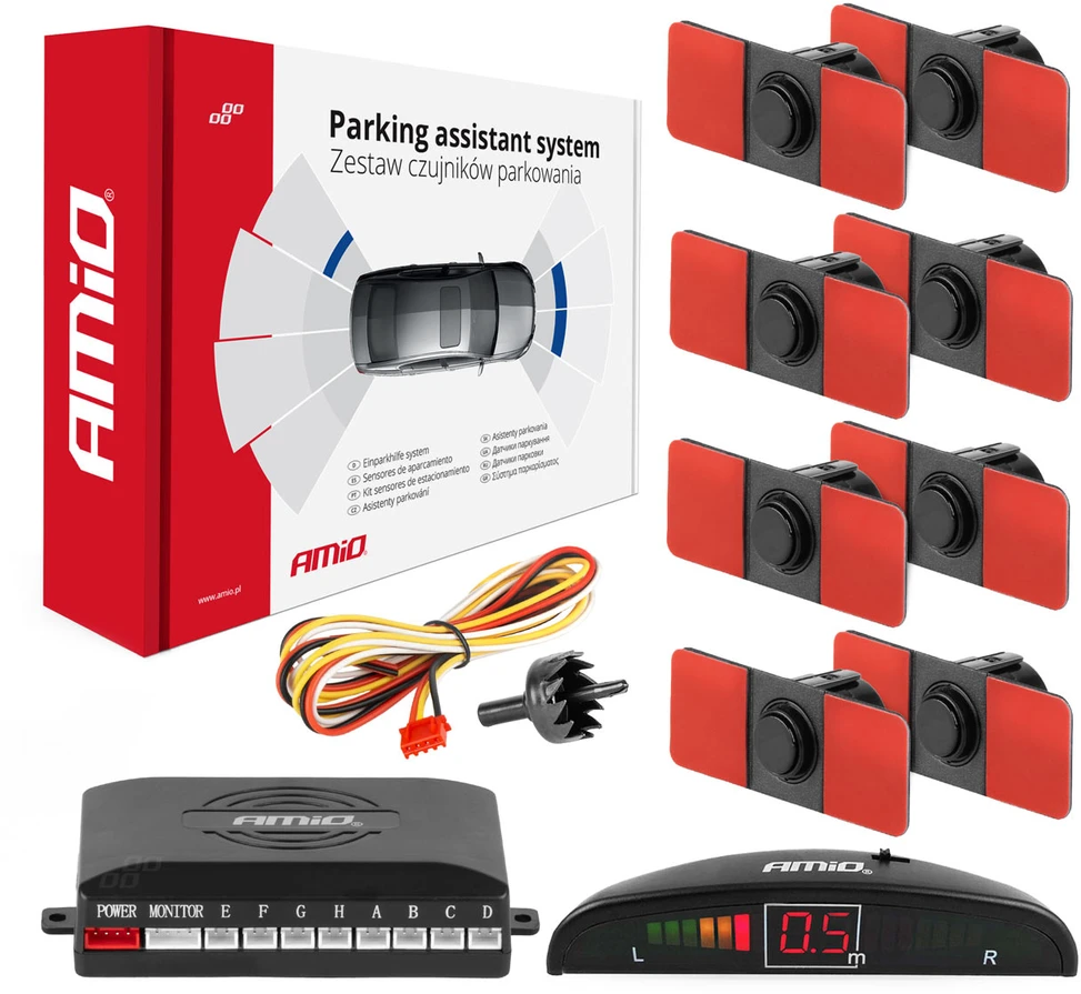 Parkavimo pagalbos sistema LED, 8 juodi jutikliai, vidinis montavimas 16,5 mm AMIO-02256