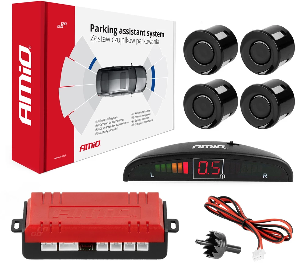Parkavimo pagalbos sistema LED, 4 juodi jutikliai 22 mm AMIO-01565