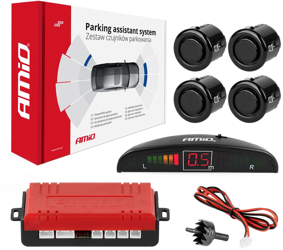 Parkavimo pagalbos sistema LED, 4 juodi jutikliai GOLD 18 mm AMIO-01577