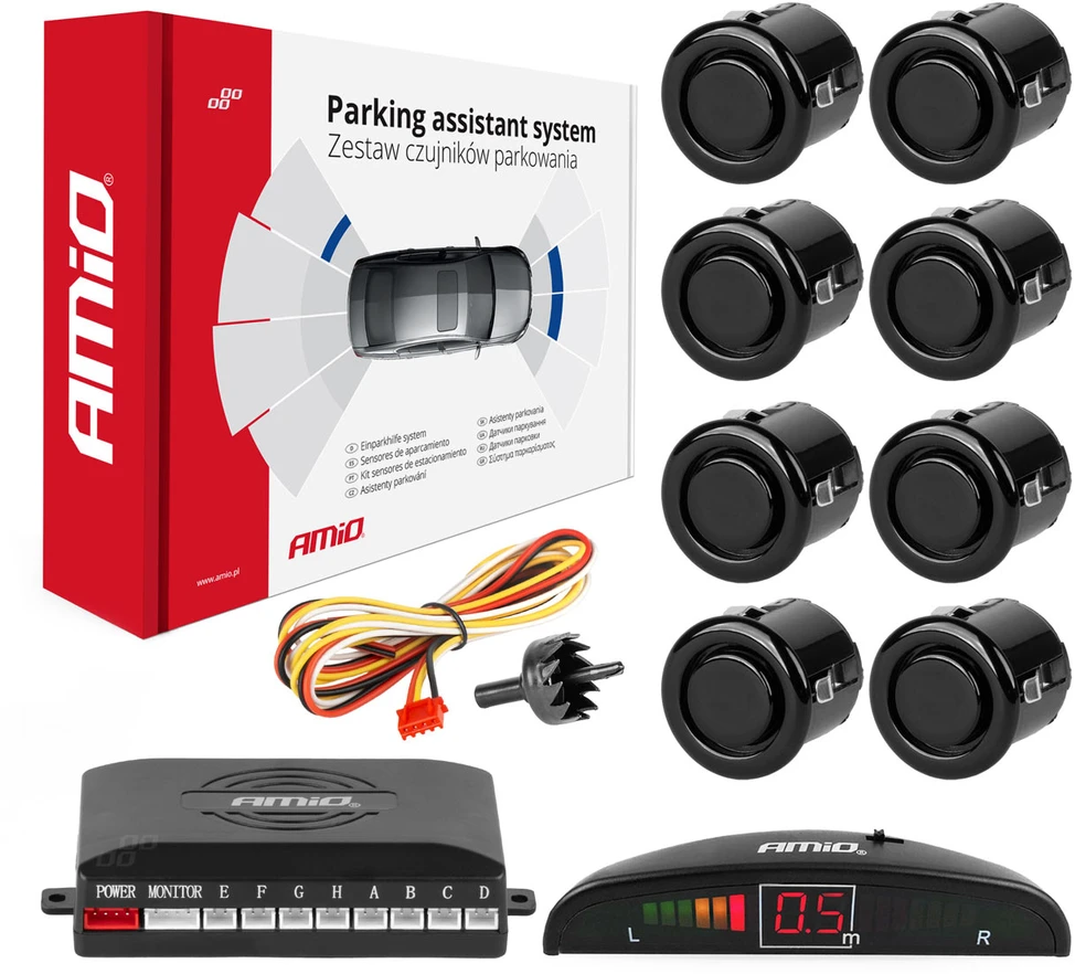 Parkavimo pagalbos sistema LED, 8 juodi jutikliai GOLD 18 mm AMIO-01603