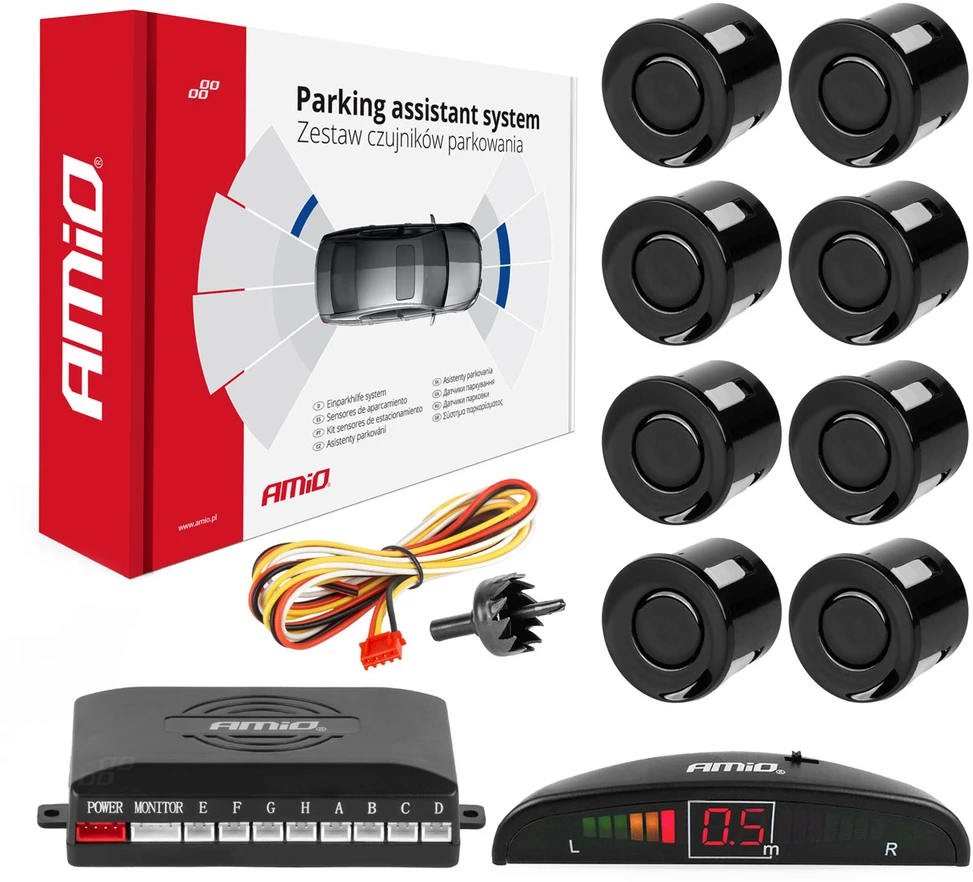 Parkavimo pagalbos sistema LED, 8 juodi jutikliai 22 cm AMIO-01560