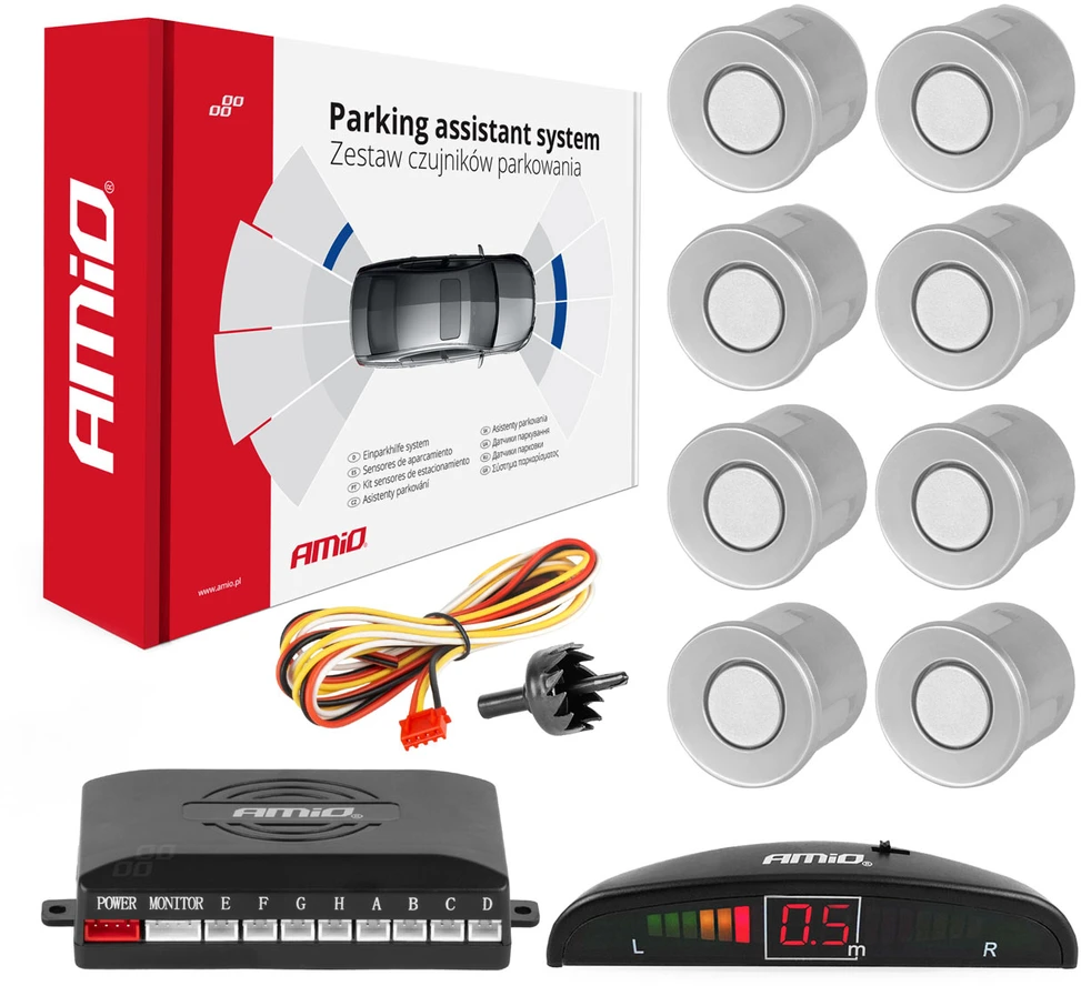 Parkavimo pagalbos sistema LED, 8 sidabro spalvos jutikliai 22 mm AMIO-01598