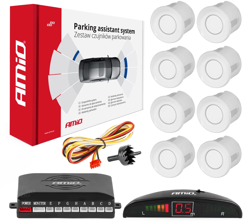 Parkavimo pagalbos sistema LED, 8 balti jutikliai 22 mm AMIO-01601