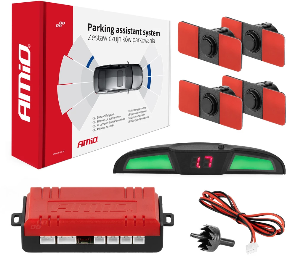 Parkavimo pagalbos sistema LED COB, 4 juodi jutikliai, vidinis montavimas 16,5 mm AMIO-02285