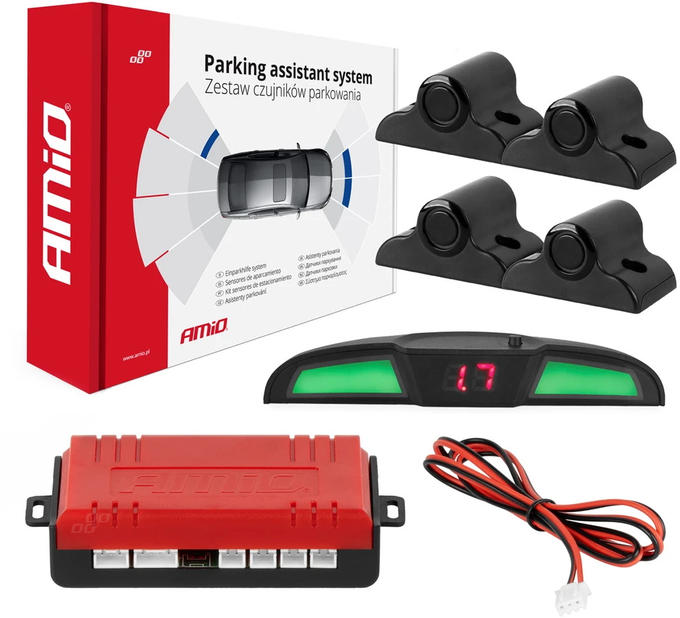 Parkavimo pagalbos sistema LED COB, 4 juodi jutikliai 19 mm, sunkvežimiams AMIO-02286