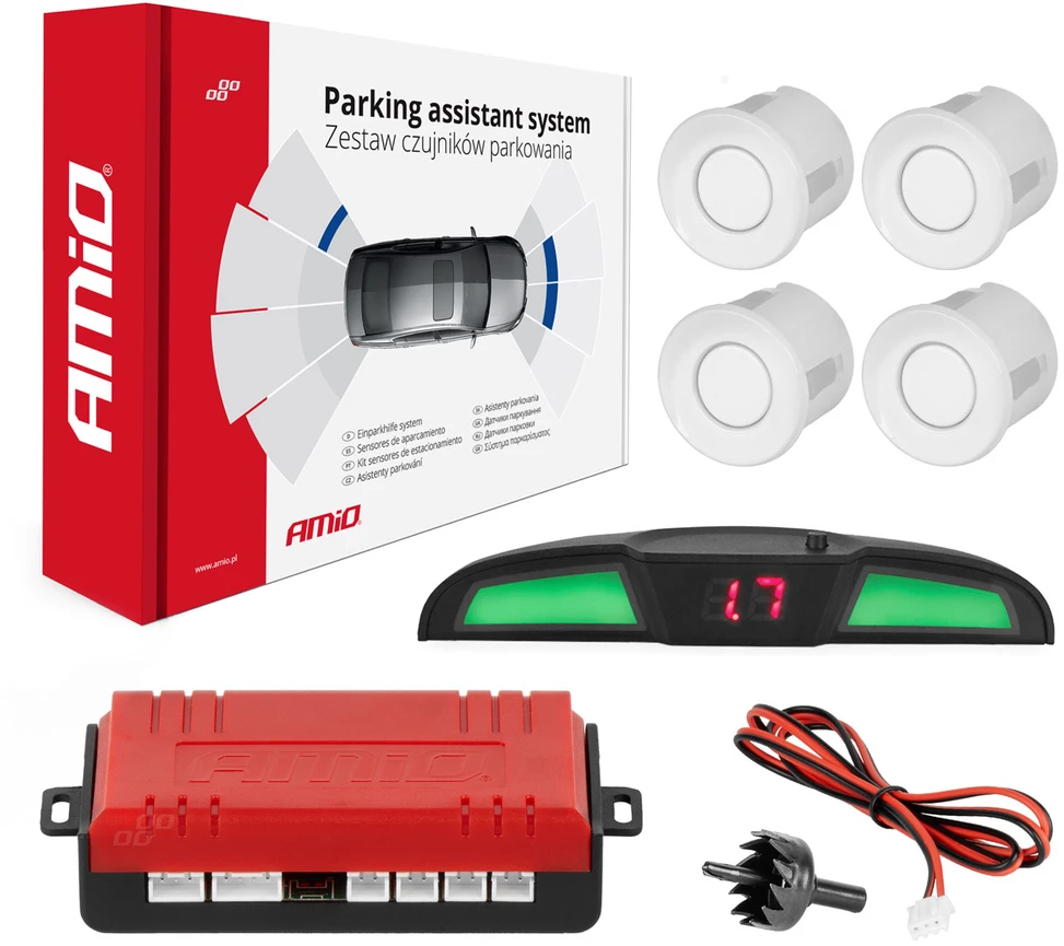 Parkavimo pagalbos sistema LED COB, 4 balti jutikliai 22 mm AMIO-02283