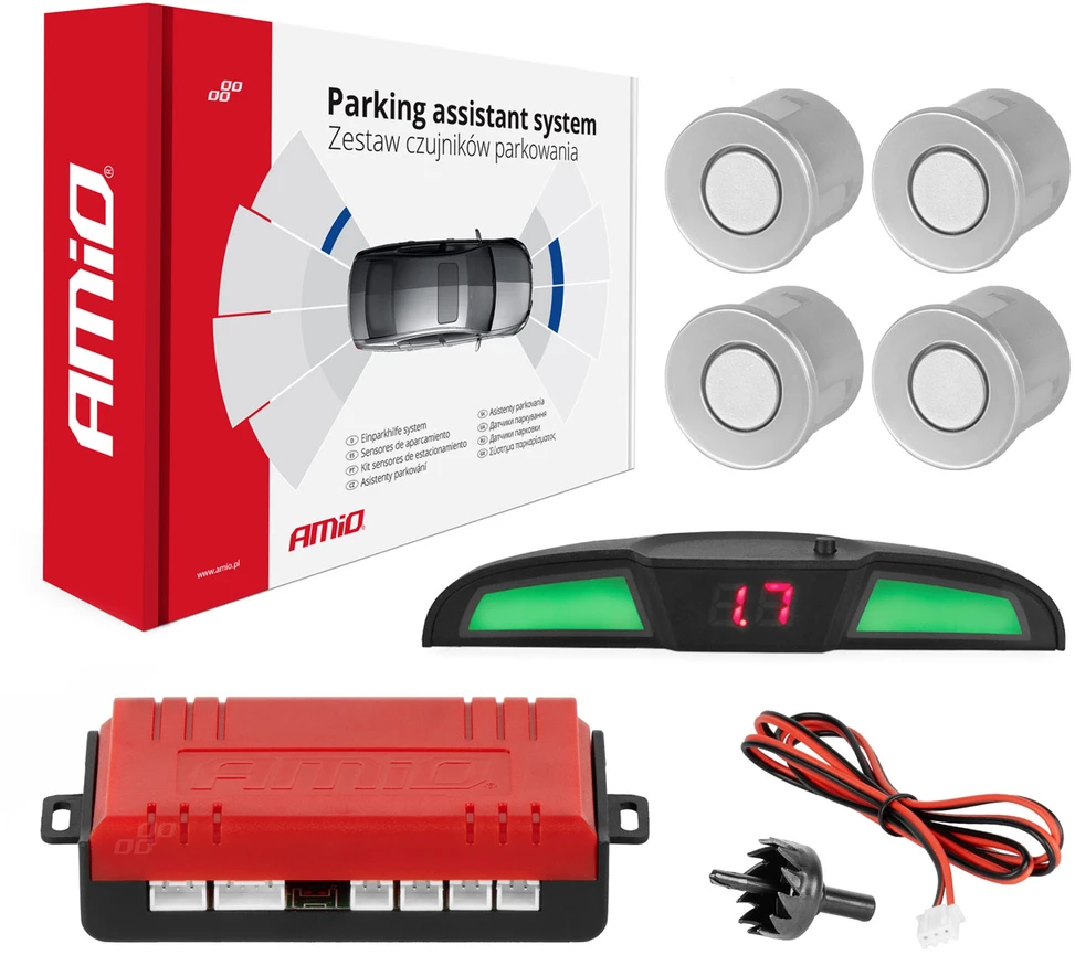 Parkavimo pagalbos sistema LED COB, 4 sidabro spalvos jutikliai 22 mm AMIO-02282
