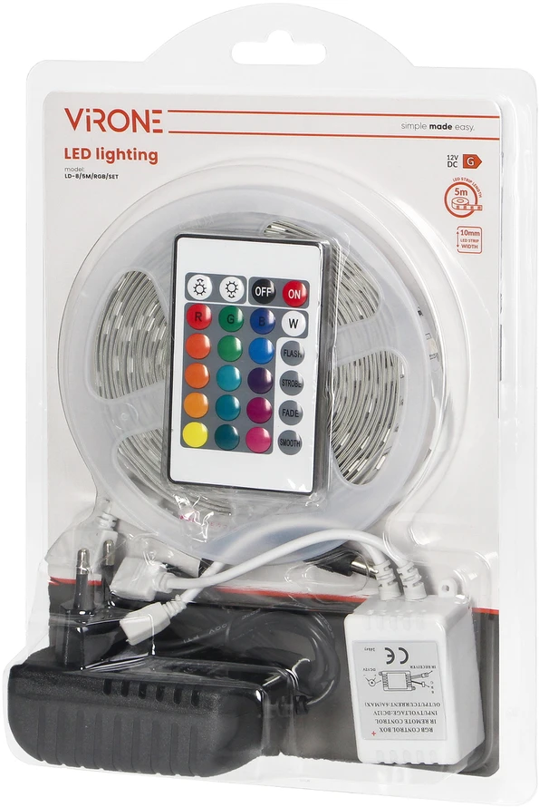 Orno Rinkinys LED juostų rinkinys 12V 30L/m 100lm/m 7.2W/m IP20 RGB 5m + RGB valdiklis + 12V maitinimo šaltinis