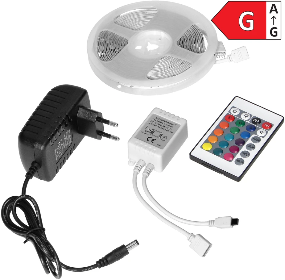 Orno Rinkinys LED juostų rinkinys 12V 30L/m 100lm/m 7.2W/m IP20 RGB 3m + RGB valdiklis + 12V maitinimo šaltinis