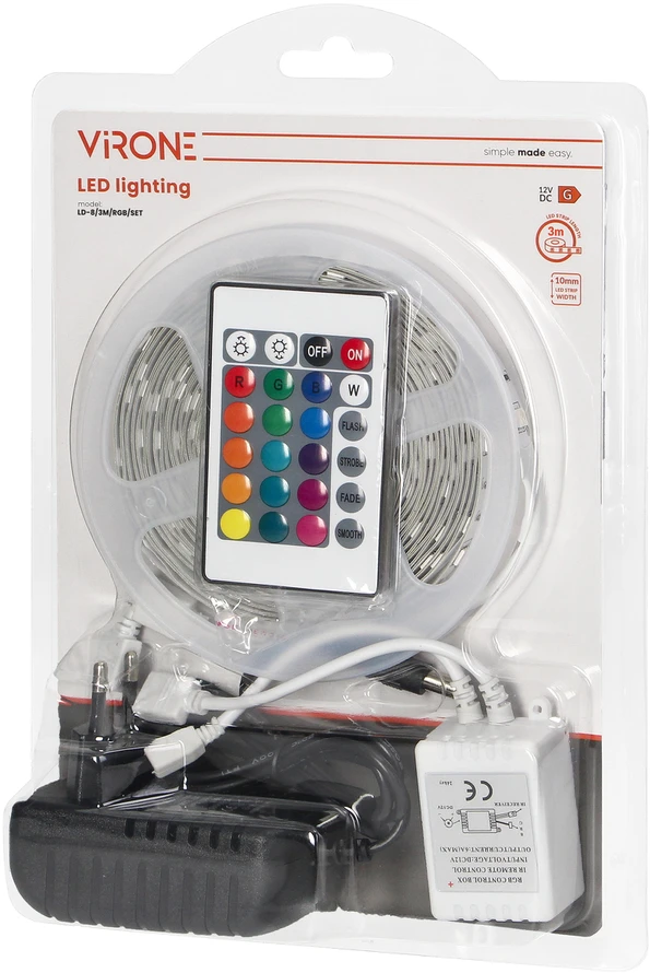 Orno Rinkinys LED juostų rinkinys 12V 30L/m 100lm/m 7.2W/m IP20 RGB 3m + RGB valdiklis + 12V maitinimo šaltinis