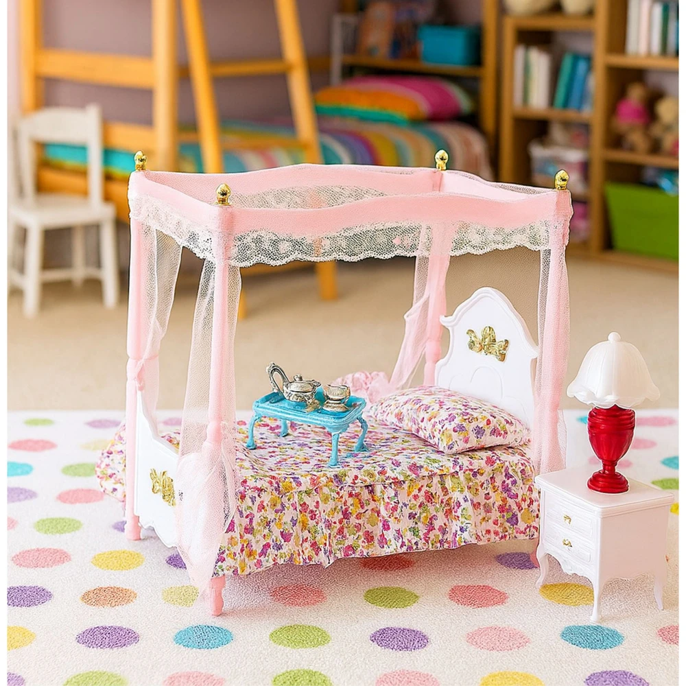 Lean Toys Lėlių miegamojo baldų komplektas su baldakimu