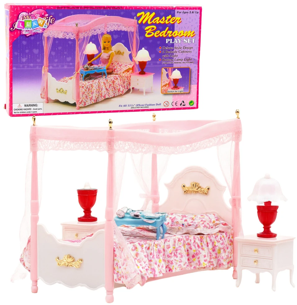 Lean Toys Lėlių miegamojo baldų komplektas su baldakimu