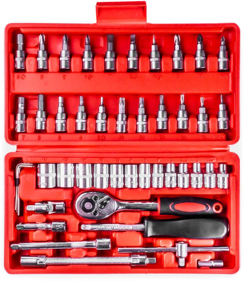 1/4" galvučių ir raktų rinkinys 46 vnt., Cr-V, AMIO-03136