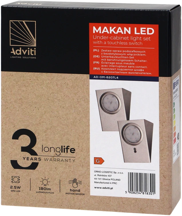 Orno Rinkinys MAKAN LED po spintele montuojamų šviestuvų komplektas 2W, 180lm, 4000K, su bekontakčiu jungikliu, INOX
