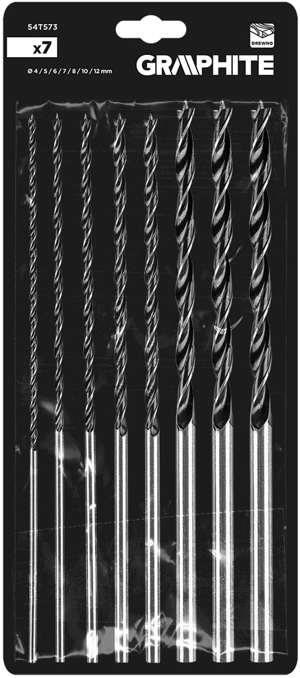 Grąžtas Zestaw Rinkinys Medienos grąžtų rinkinys, prailgintas: 4, 5, 6, 7, 8, 10, 12 x 300 mm, 7 vnt.
